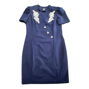 Vintage Whirlaway Suit Dress Navy Blue Faux PEARL‎ Button Up CLASSY Women's 16